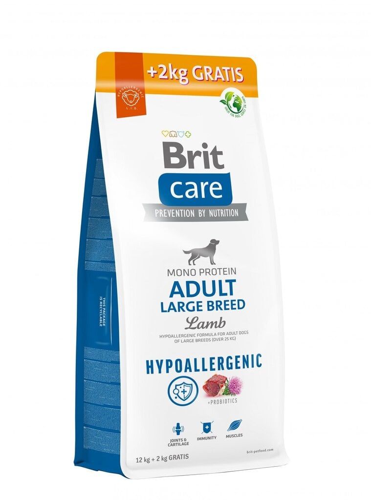 Brit Care Hypoallergenic Adult Lamb&Rice pieaugušiem suņiem ar jēru un rīsiem, 12+2 kg cena un informācija | Sausā barība suņiem | 220.lv