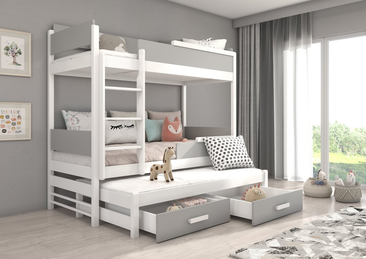 Divstāvu gulta Adrk Furniture Queen, 90x200 cm, balta/pelēka cena un informācija | Bērnu gultas | 220.lv