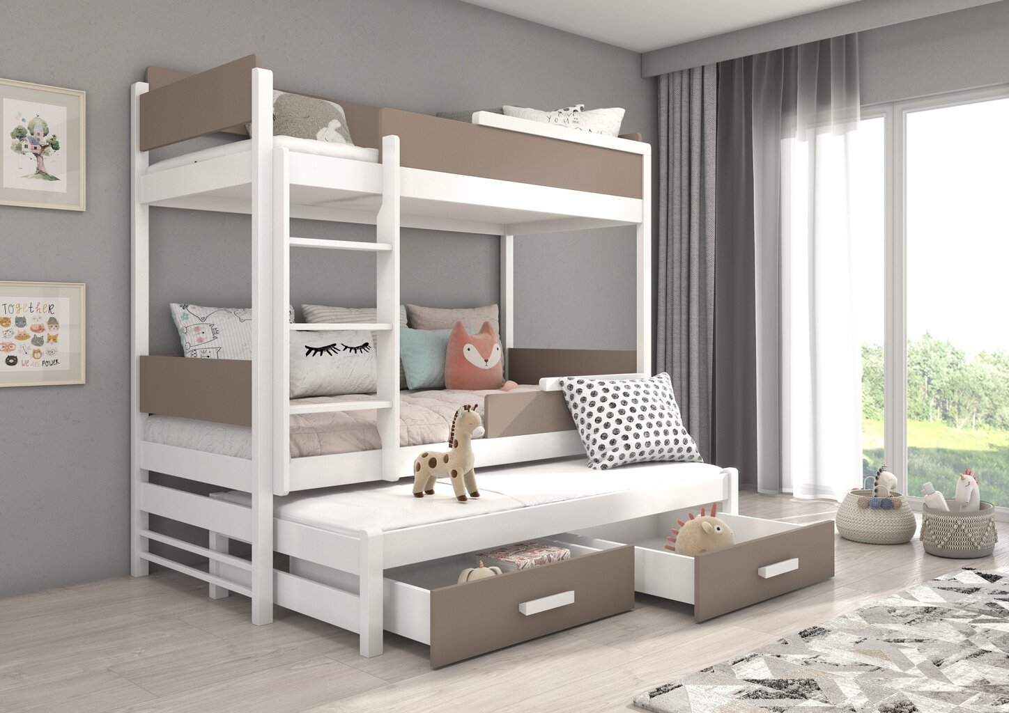 Divstāvu gulta Adrk Furniture Queen ar matraci, 90x200 cm, balta/brūna цена и информация | Bērnu gultas | 220.lv