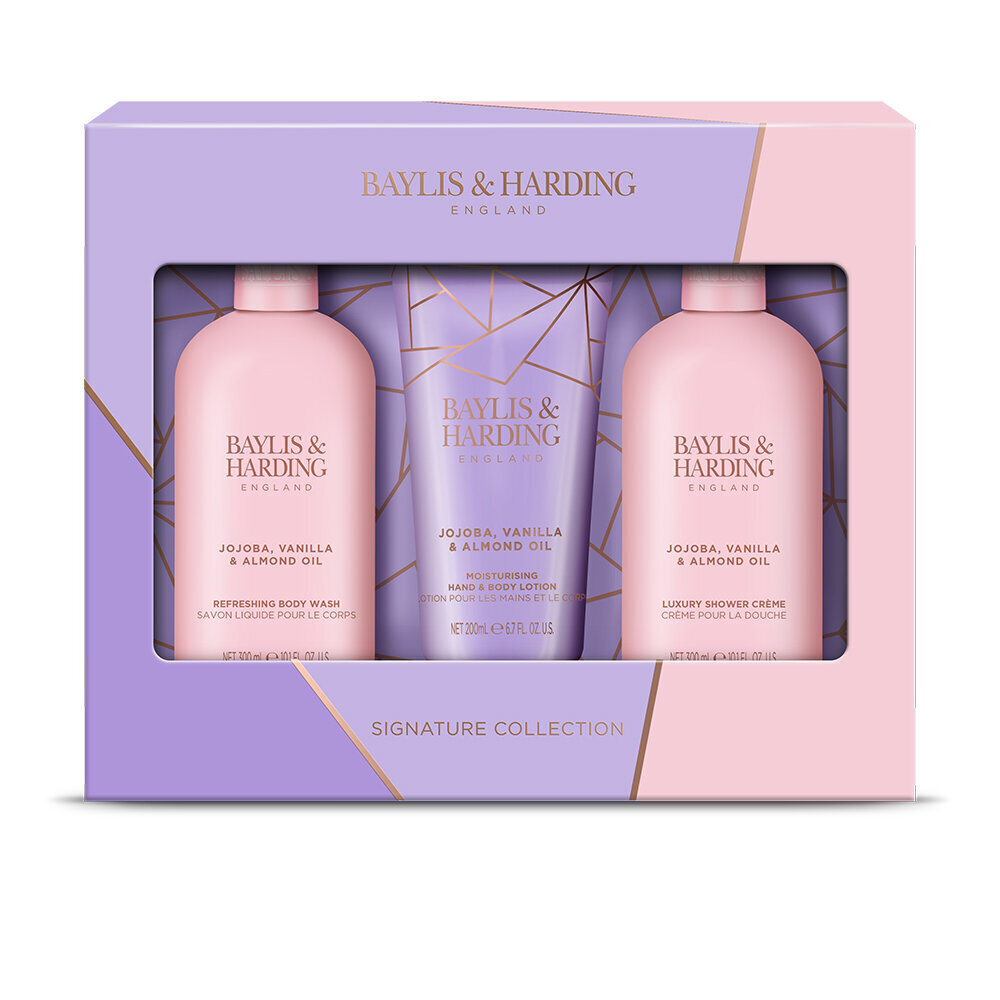 Dāvanu komplekts sievietēm Baylis & Harding Jojoba, Vanilla & Almond Oil Luxury Bathing Essentials: ķermeņa mazgāšanas līdzeklis 300 ml + dušas krēms 300 ml + roku un ķermeņa losjons 200 ml cena un informācija | Dušas želejas, eļļas | 220.lv