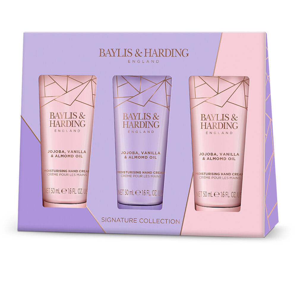 Dāvanu komplekts sievietēm Baylis & Harding Jojoba, Vanilla & Almond Oil Luxury Hand Treats: ķermeņa mazgāšanas līdzeklis 300 ml + dušas krēms 300 ml + ādu maigi attīrošs līdzeklis + roku un ķermeņa losjons 200 ml cena un informācija | Ķermeņa krēmi, losjoni | 220.lv