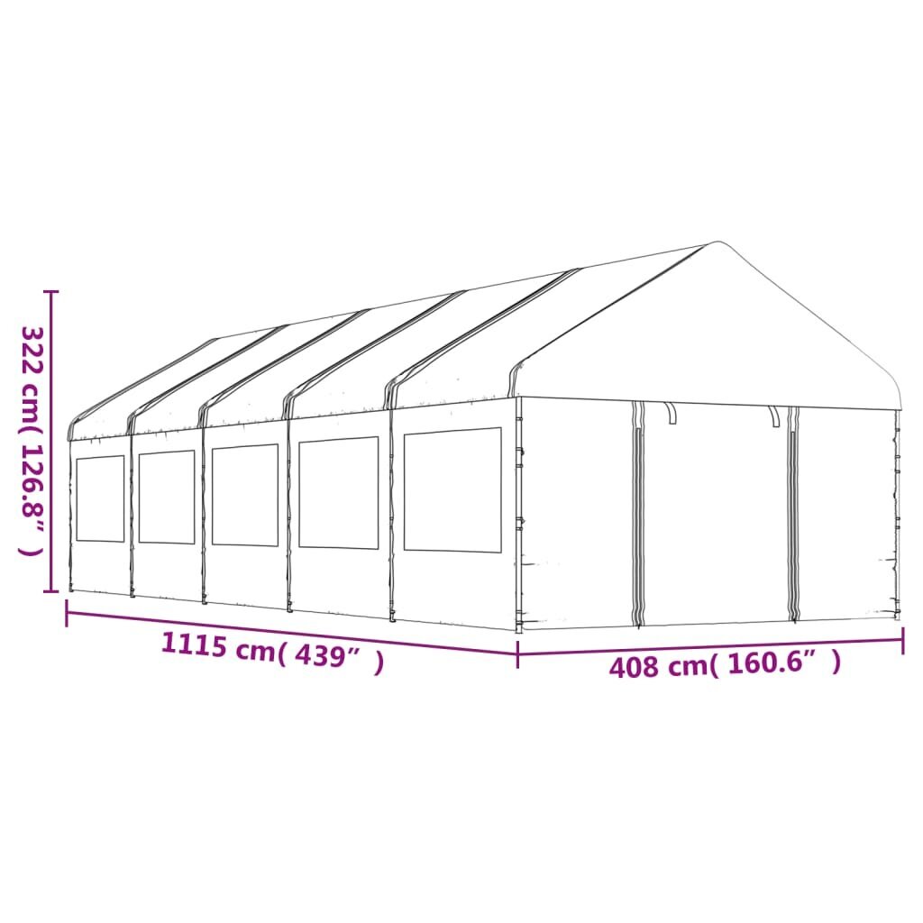 vidaXL nojume ar jumtu, balta, 11,15x4,08x3,22 m, polietilēns цена и информация | Dārza nojumes un lapenes | 220.lv