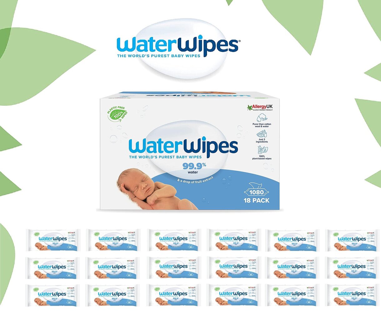 Mitrās salvetes WaterWipes , 18 x 60 gab. cena un informācija | Mitrās salvetes, vienreizlietojamie paladziņi | 220.lv