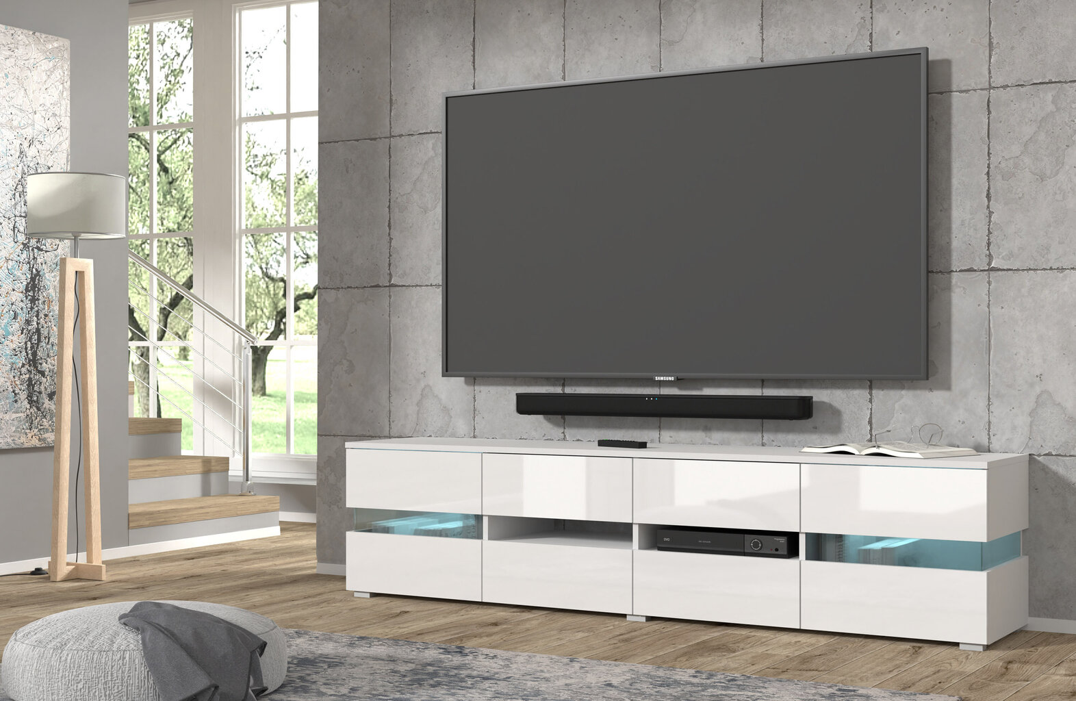 TV galdiņš ar LED apgaismojumu Viper, 186 cm, balts cena un informācija | TV galdiņi | 220.lv