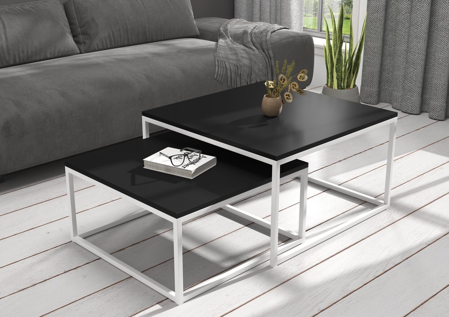 Kafijas galdiņu komplekts ADRK Furniture Kama, melns/balts cena un informācija | Žurnālgaldiņi | 220.lv