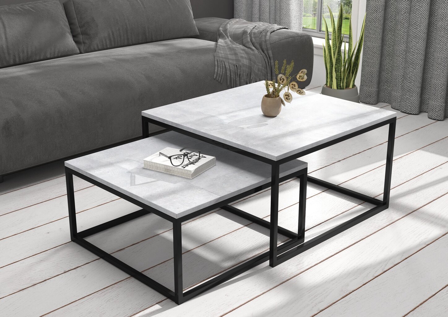 Kafijas galdiņu komplekts ADRK Furniture Kama, pelēks/melns cena un informācija | Žurnālgaldiņi | 220.lv