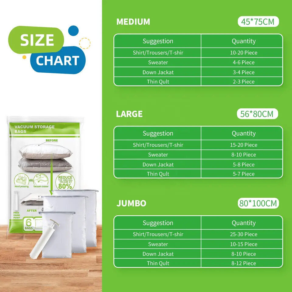 Vakuuma maisi drēbēm ar sūkni, 6 gab. cena un informācija | Pakaramie un apģērbu maisi | 220.lv