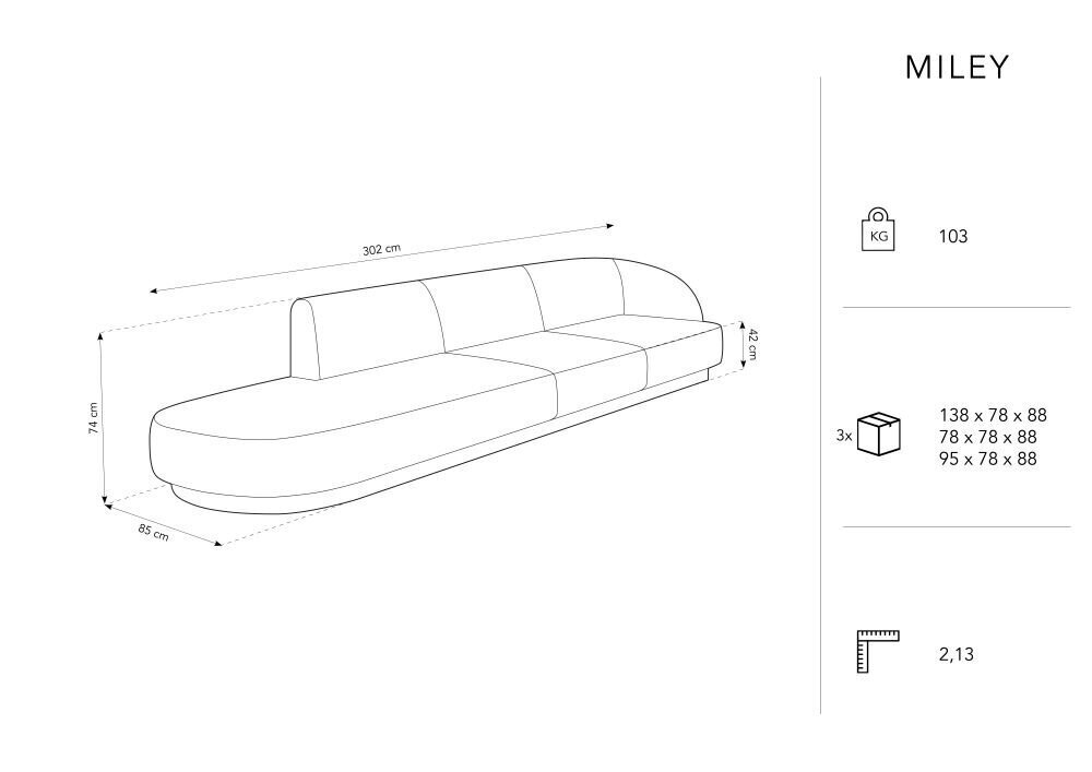 Dīvāns Micadoni Home Miley left, 302x85x74 cm, zila cena un informācija | Dīvāni | 220.lv