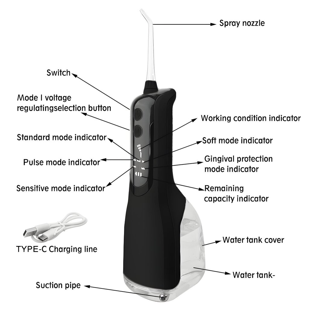 Bezvadu zobu, mutes irigators L-12 Livman, melns cena un informācija | Irigatori | 220.lv