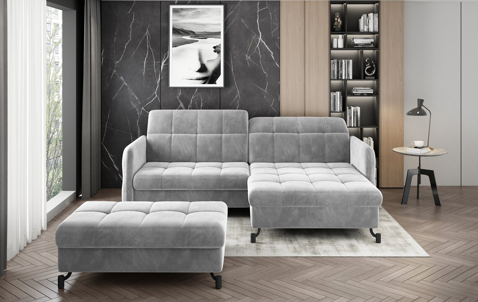Kreisās puses stūra dīvāna un pufa komplekts Eltap Lorelle, gaiši pelēks matēts цена и информация | Stūra dīvāni | 220.lv