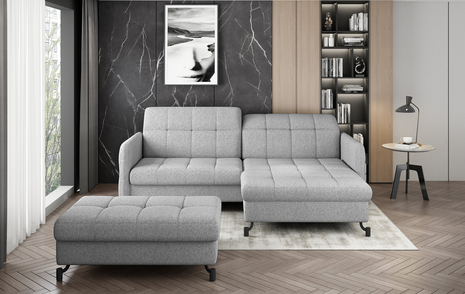 Kreisās puses stūra dīvāna un pufa komplekts Eltap Lorelle, pelēkas krāsas cena un informācija | Stūra dīvāni | 220.lv