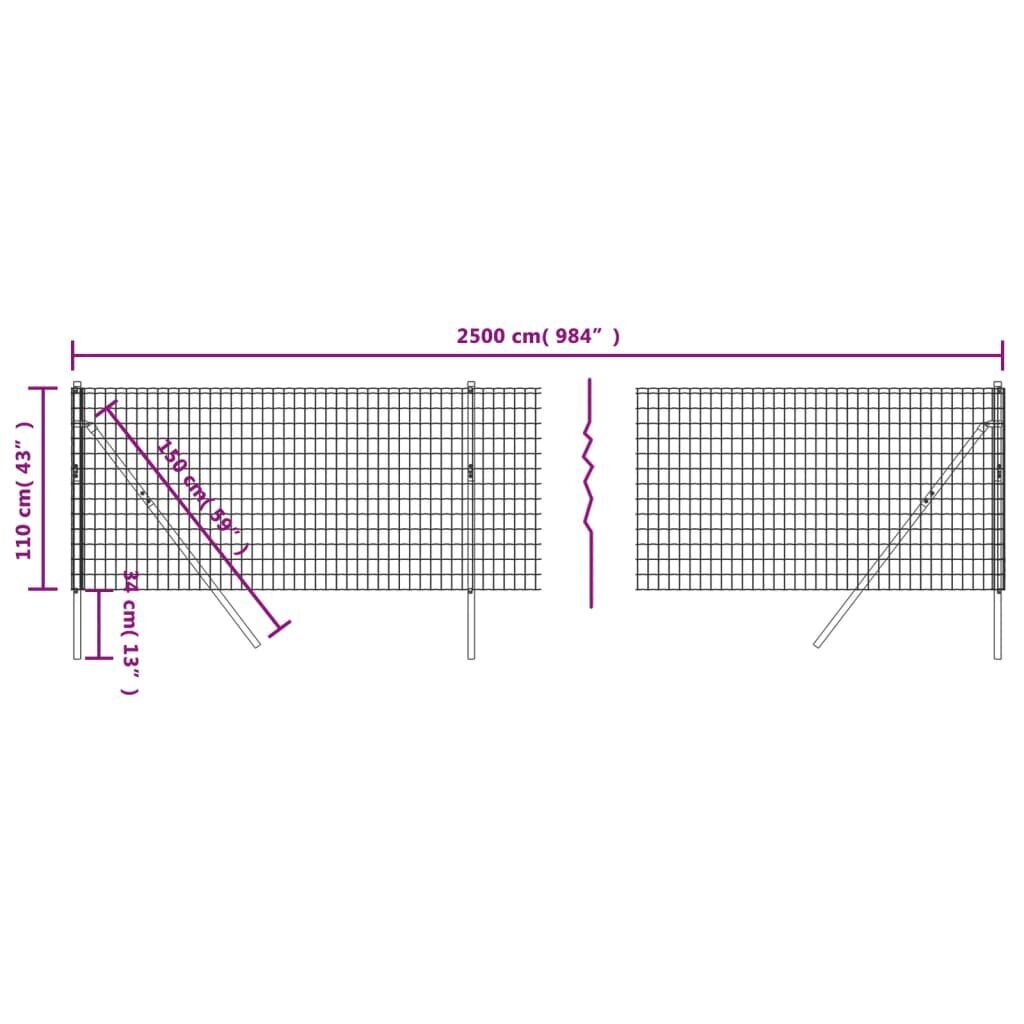 vidaXL stiepļu žogs, pelēks, 1,1x25 m, cinkots tērauds цена и информация | Žogi un piederumi | 220.lv