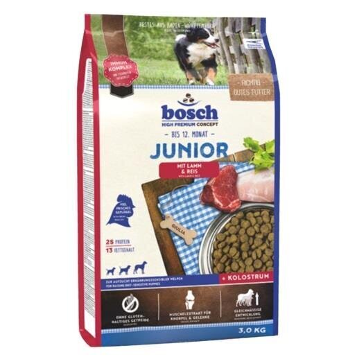 Bosch 15030 Junior jauniem kucēniem, ar jēra gaļu un rīsiem, 3 kg цена и информация | Sausā barība suņiem | 220.lv