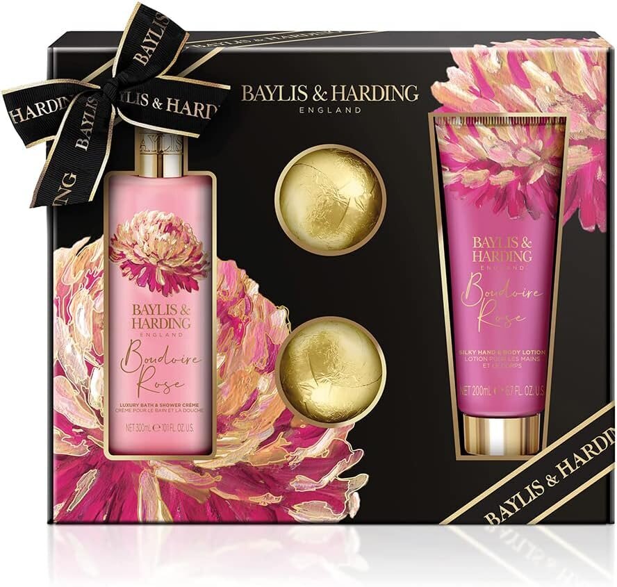 Dāvanu komplekts sievietēm Baylis & Harding Boudiore Cherry Blossom Luxury Bathing Treats: vannas bumbas 2 x 75 g + dušas krēms 300 ml + roku un ķermeņa losjons 200 ml cena un informācija | Dušas želejas, eļļas | 220.lv