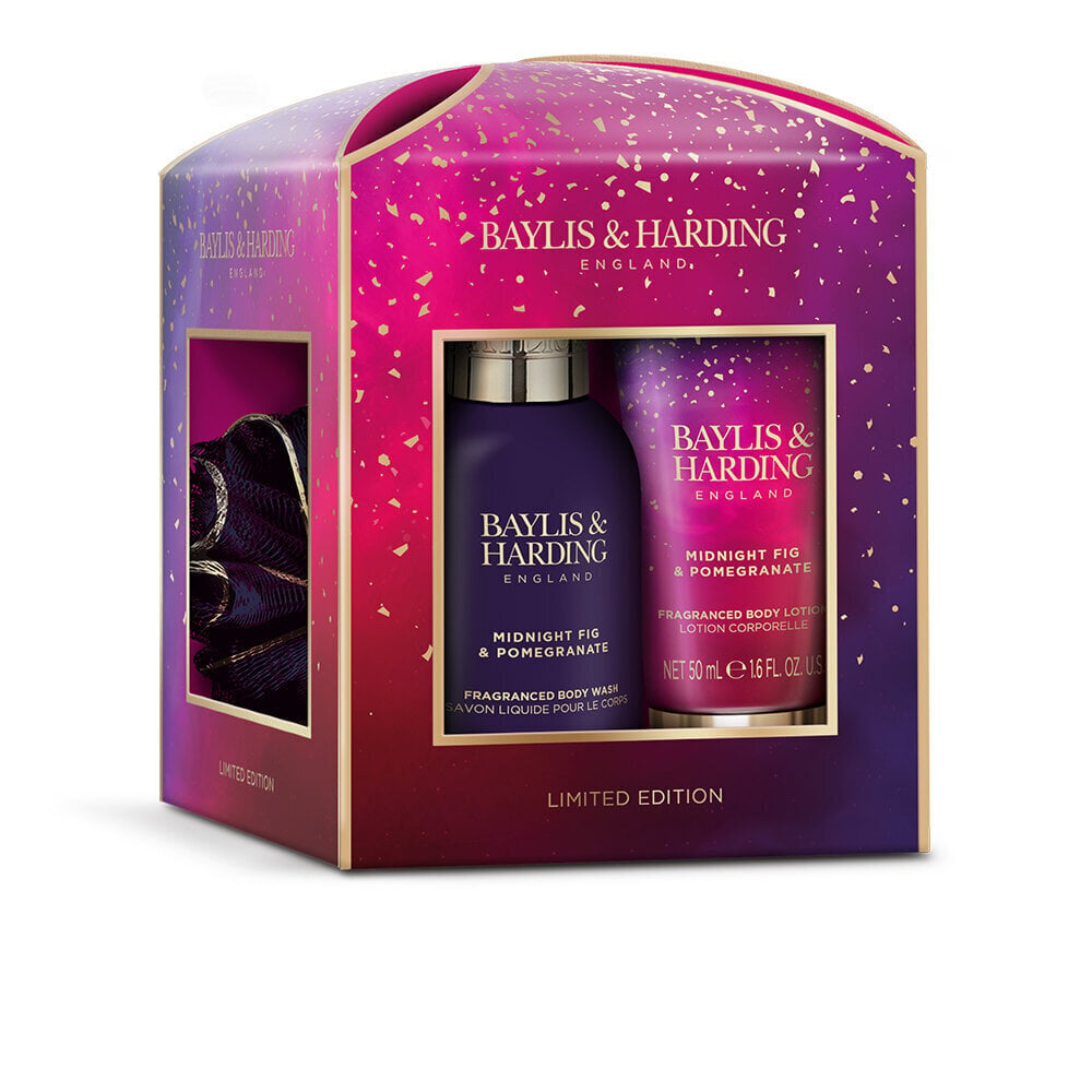 Набор подарков для женщин Baylis & Harding Midnight Fig & Pomegranate  Luxury Essentials Treat Box: гель для душа 100 мл + лосьон для тела 50 мл +  мочалка цена | 220.lv