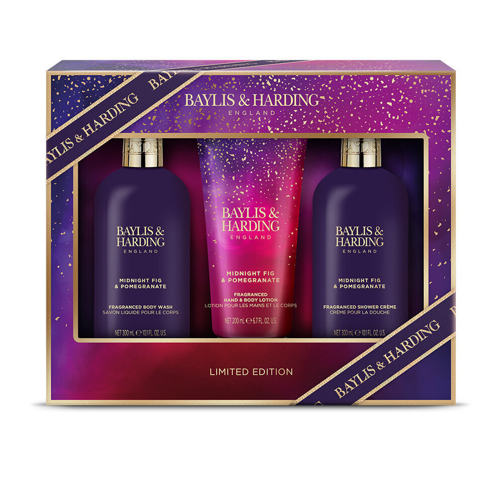 Набор подарков для женщин Baylis & Harding Midnight Fig & Pomegranate  Luxury Bathing Essentials: гель для душа 300 мл + крем для душа 300 мл +  лосьон для рук и тела 200 мл цена | 220.lv