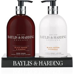 Подарочный набор для мужчин на черной акриловой подставке Baylis & Harding Men's Black Pepper & Ginseng: средство для мытья рук 500 мл + лосьон для рук и тела 500 мл цена и информация | Кремы, лосьоны для тела | 220.lv