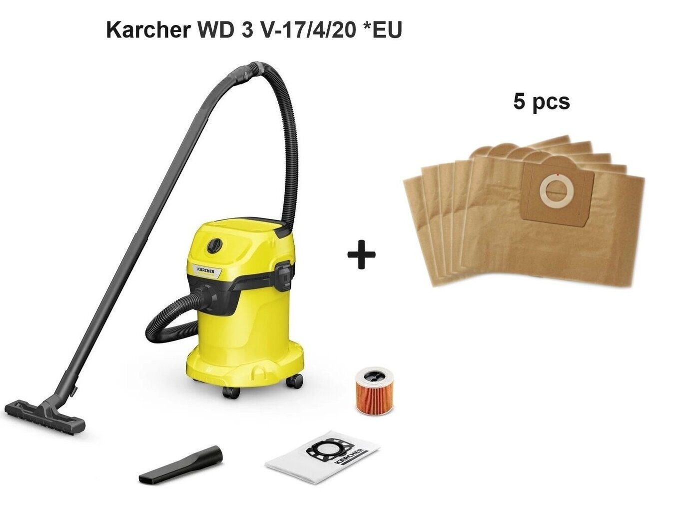 Karcher WD 3 V-17/4/20 *EU + 5gab. maisi цена и информация | Putekļu sūcēji | 220.lv