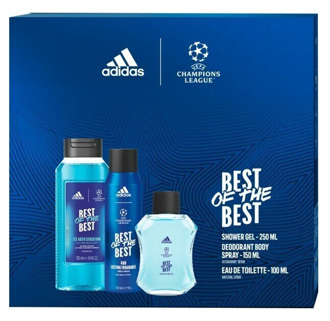 Dāvanu komplekts vīriešiem Adidas UEFA Best Of The Best: tualetes ūdens EDT 100 ml + dušas želeja 250 ml + izsmidzināms dezodorants 150 ml цена и информация | Dezodoranti | 220.lv