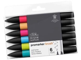 Marķieru uz spirta bāzes komplekts W&N Promarker Brush, 6 gab. Mid Tones cena un informācija | Modelēšanas un zīmēšanas piederumi | 220.lv