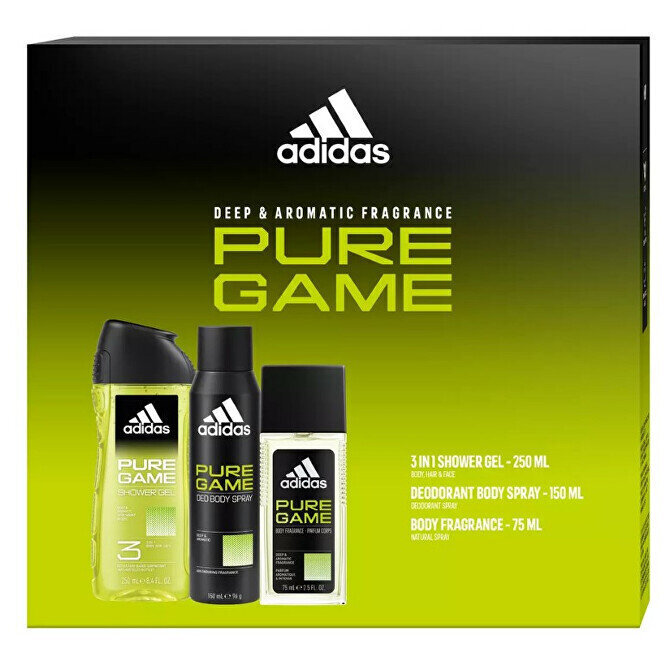 Dāvanu komplekts Adidas Pure Game vīriešiem: izsmidzināms dezodorants, 75 ml + izsmidzināms dezodorants, 150 ml + dušas želeja, 250 ml цена и информация | Dezodoranti | 220.lv