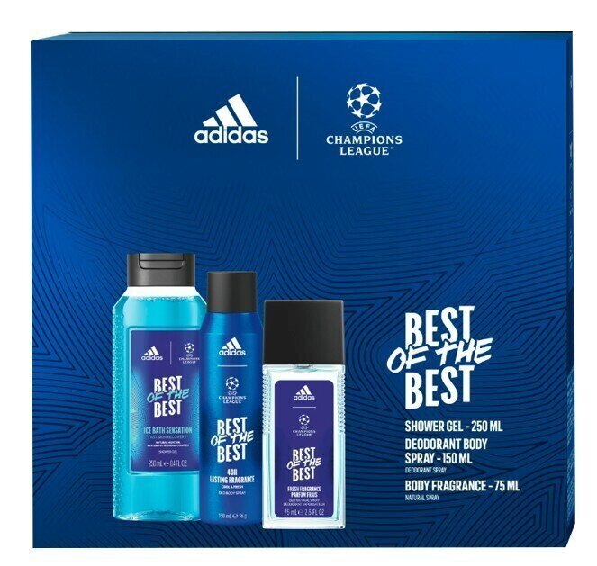 Dāvanu komplekts Adidas Uefa Best Of The Best vīriešiem: izsmidzināms dezodorants, 75 ml + dušas želeja, 250 ml + izsmidzināms dezodorants, 150 ml cena un informācija | Dezodoranti | 220.lv