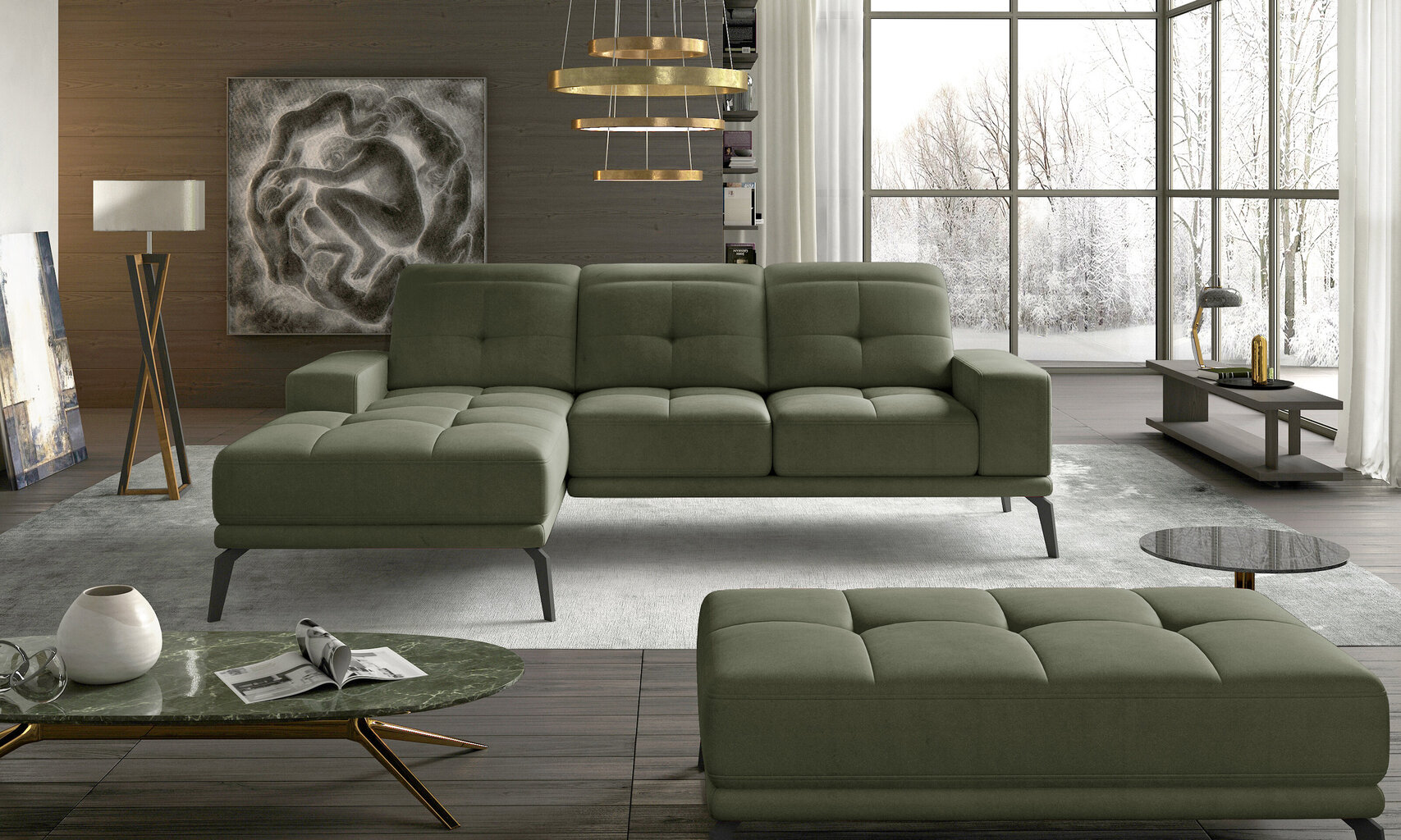 Kreisās puses stūra dīvāna un pufa komplekts Eltap Torrense, zaļš цена и информация | Stūra dīvāni | 220.lv