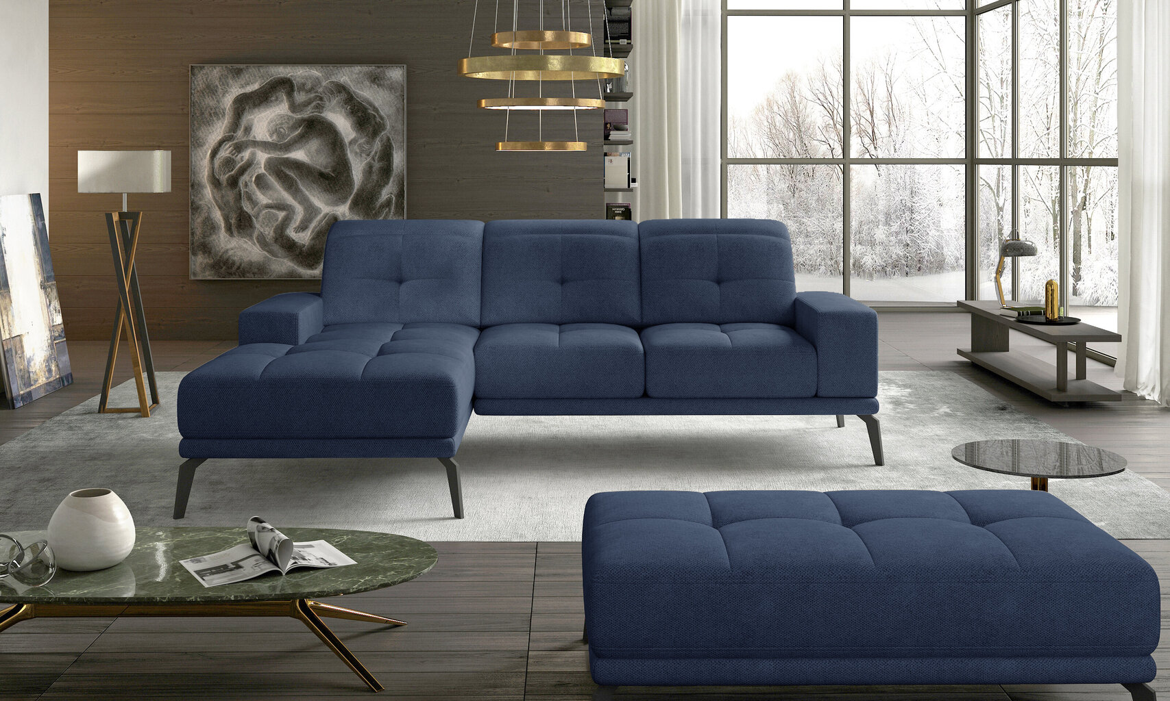 Kreisās puses stūra dīvāna un pufa komplekts Eltap Torrense, tumši zils cena un informācija | Stūra dīvāni | 220.lv