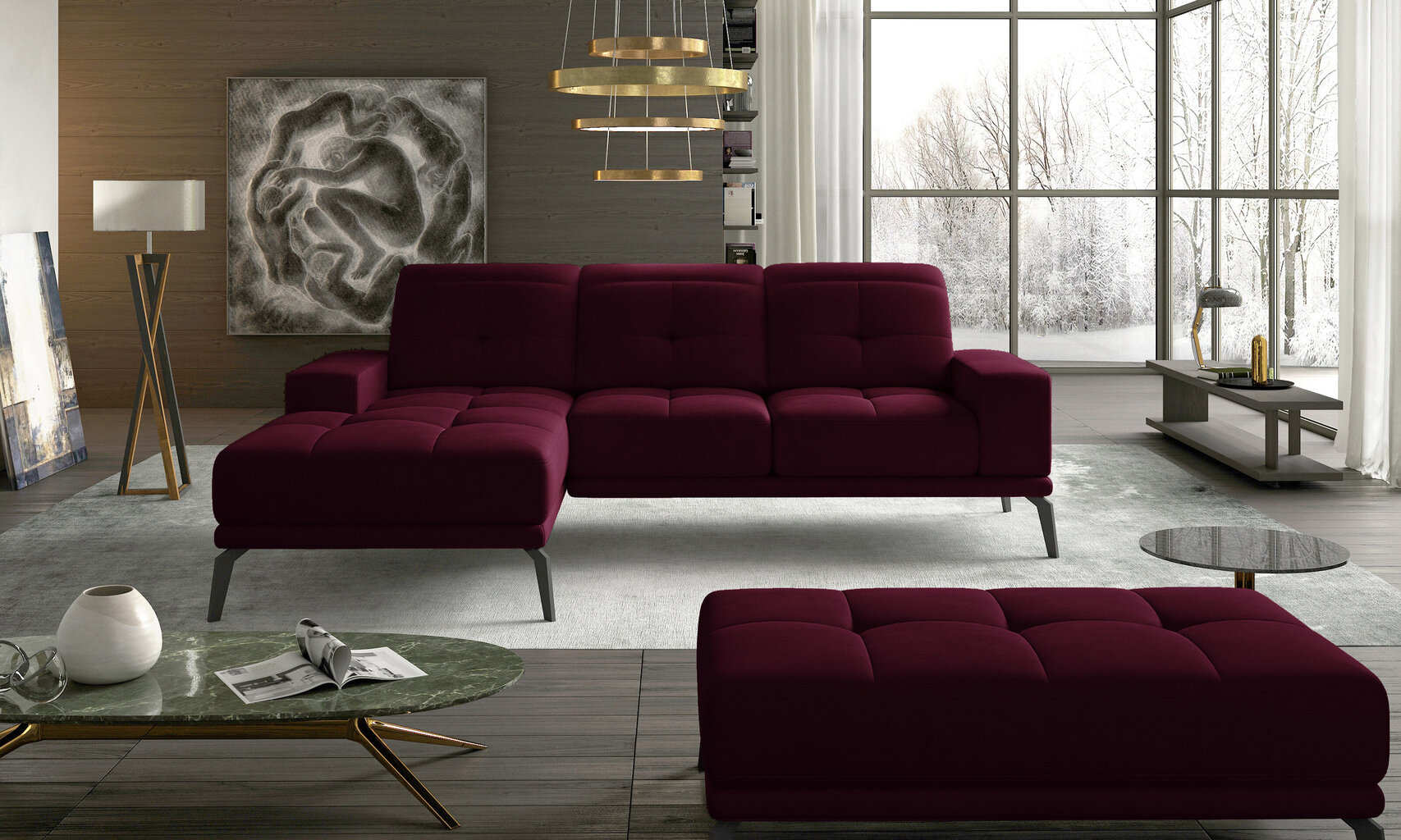 Kreisās puses stūra dīvāna un pufa komplekts Eltap Torrense, tumši sarkans cena un informācija | Stūra dīvāni | 220.lv