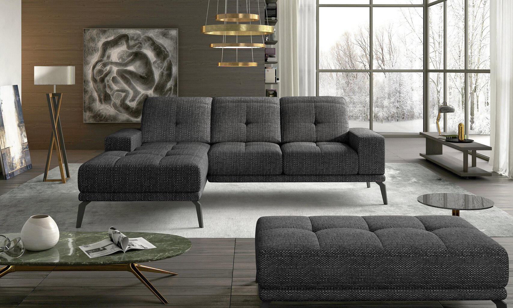 Kreisās puses stūra dīvāna un pufa komplekts Eltap Torrense, pelēks цена и информация | Stūra dīvāni | 220.lv