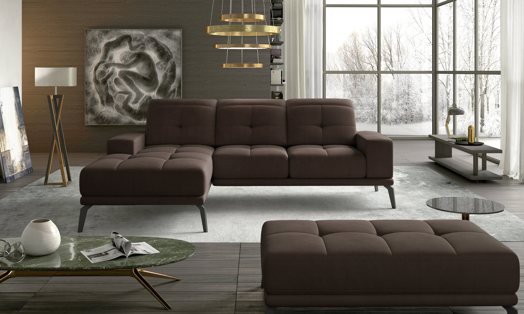 Kreisās puses stūra dīvāna un pufa komplekts Eltap Torrense, tumši brūns cena un informācija | Stūra dīvāni | 220.lv