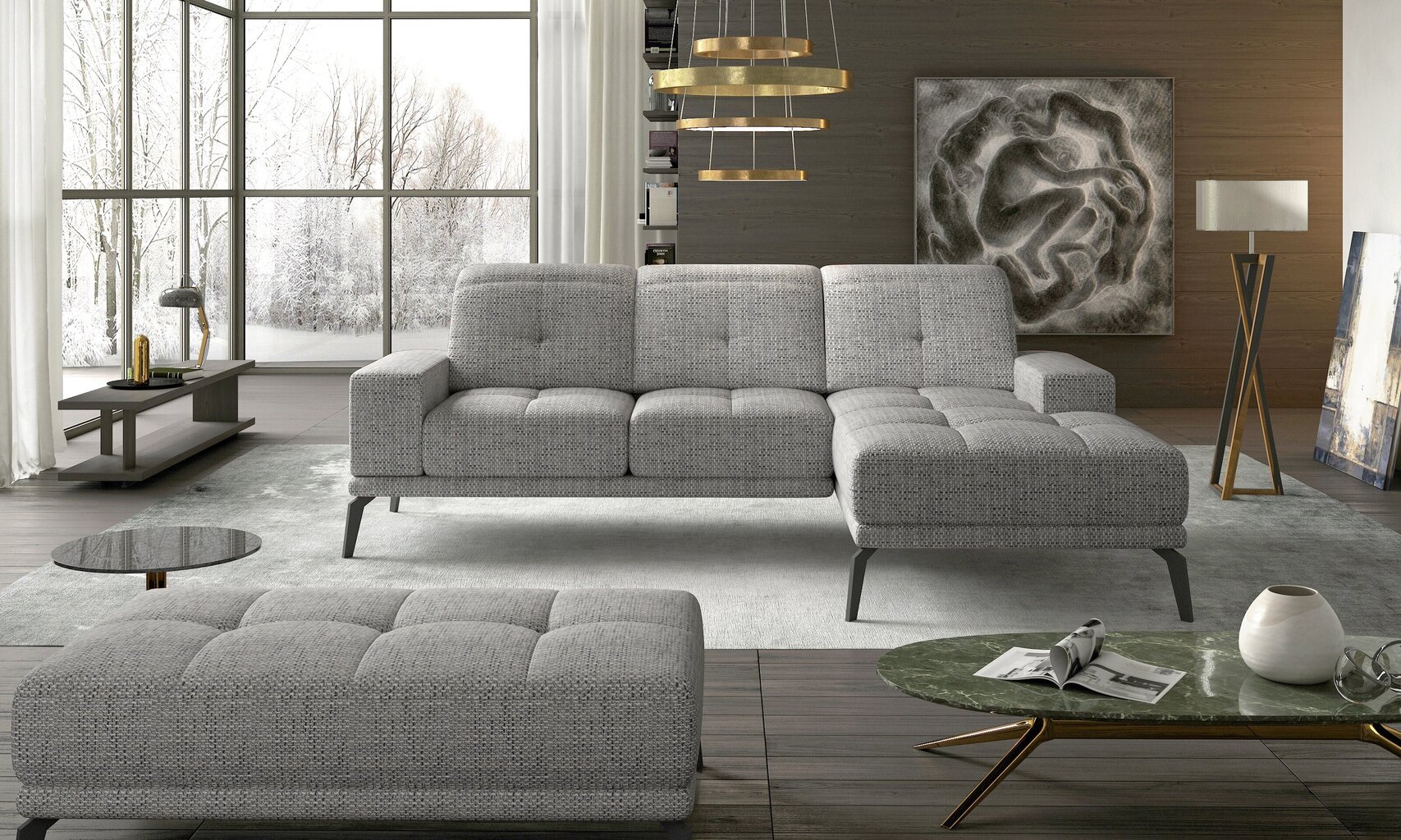 Labās puses stūra dīvāna un pufa komplekts Eltap Torrense, pelēks cena un informācija | Stūra dīvāni | 220.lv