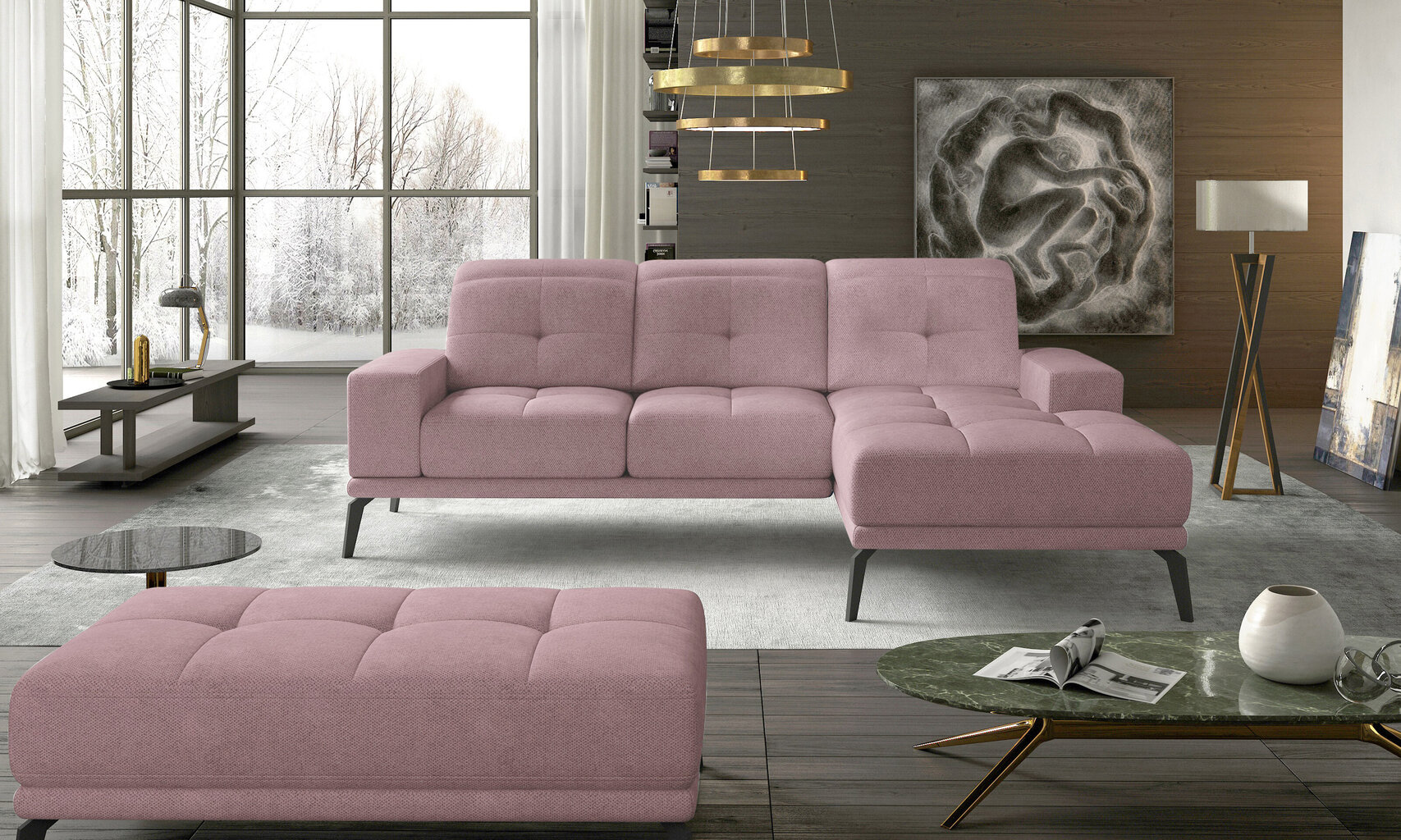 Labās puses stūra dīvāna un pufa komplekts Eltap Torrense, gaiši rozā цена и информация | Stūra dīvāni | 220.lv