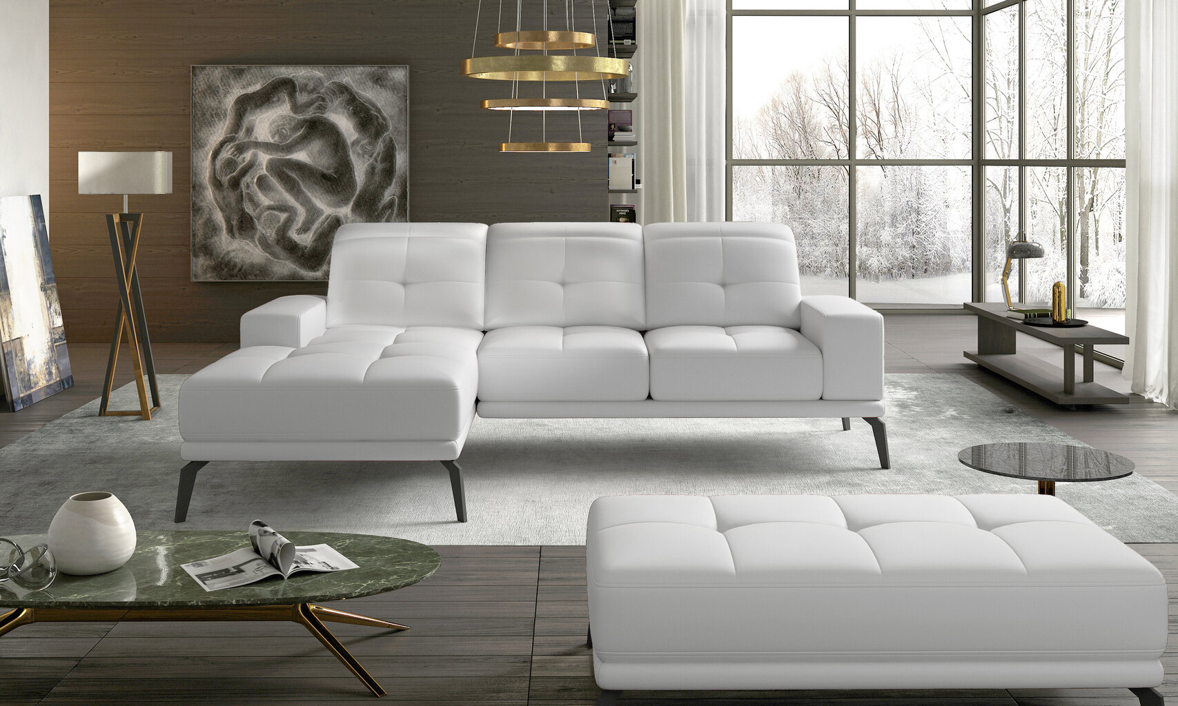 Kreisās puses stūra dīvāna un pufa komplekts Eltap Torrense, balts cena un informācija | Stūra dīvāni | 220.lv