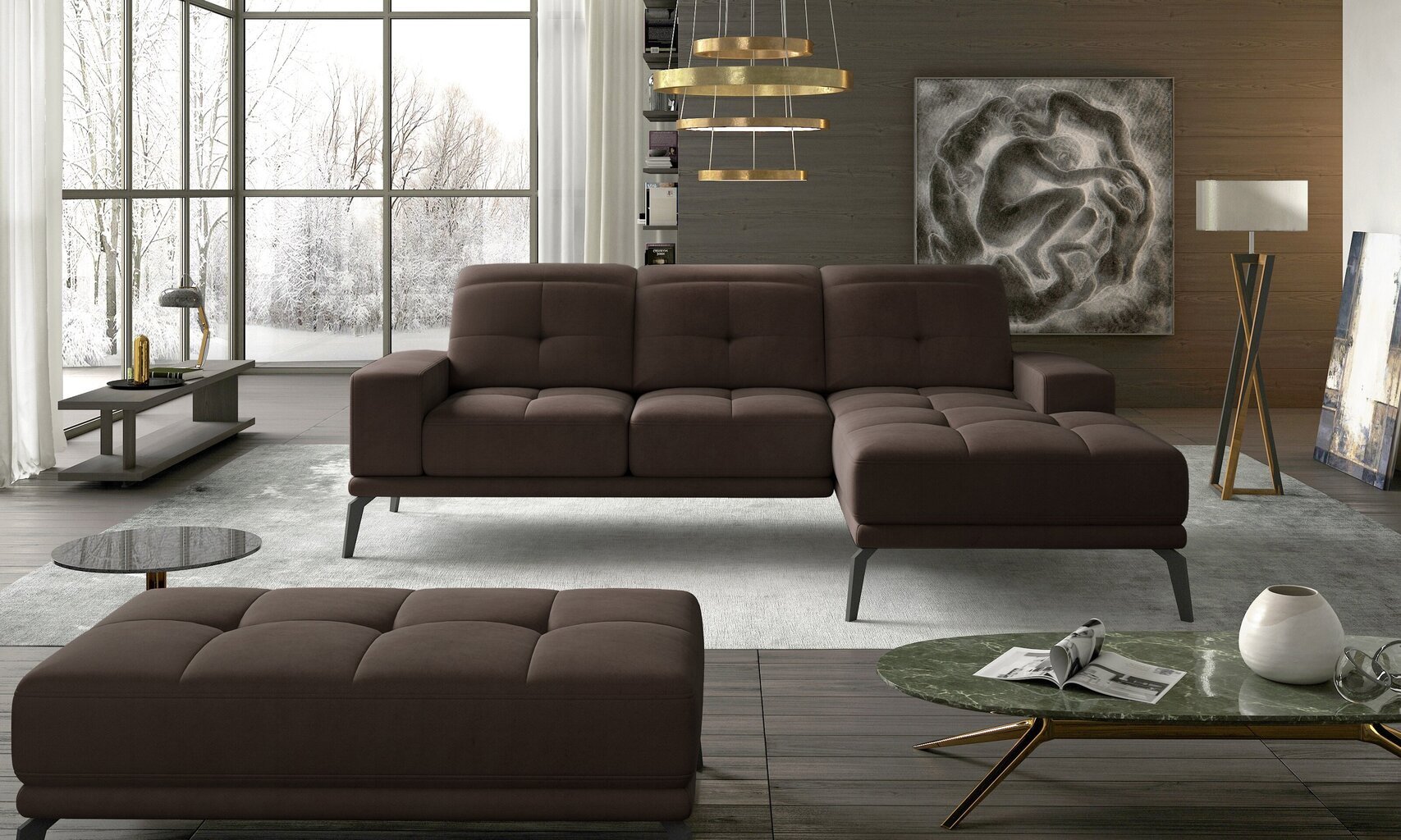 Labās puses stūra dīvāna un pufa komplekts Eltap Torrense, tumši brūns цена и информация | Stūra dīvāni | 220.lv