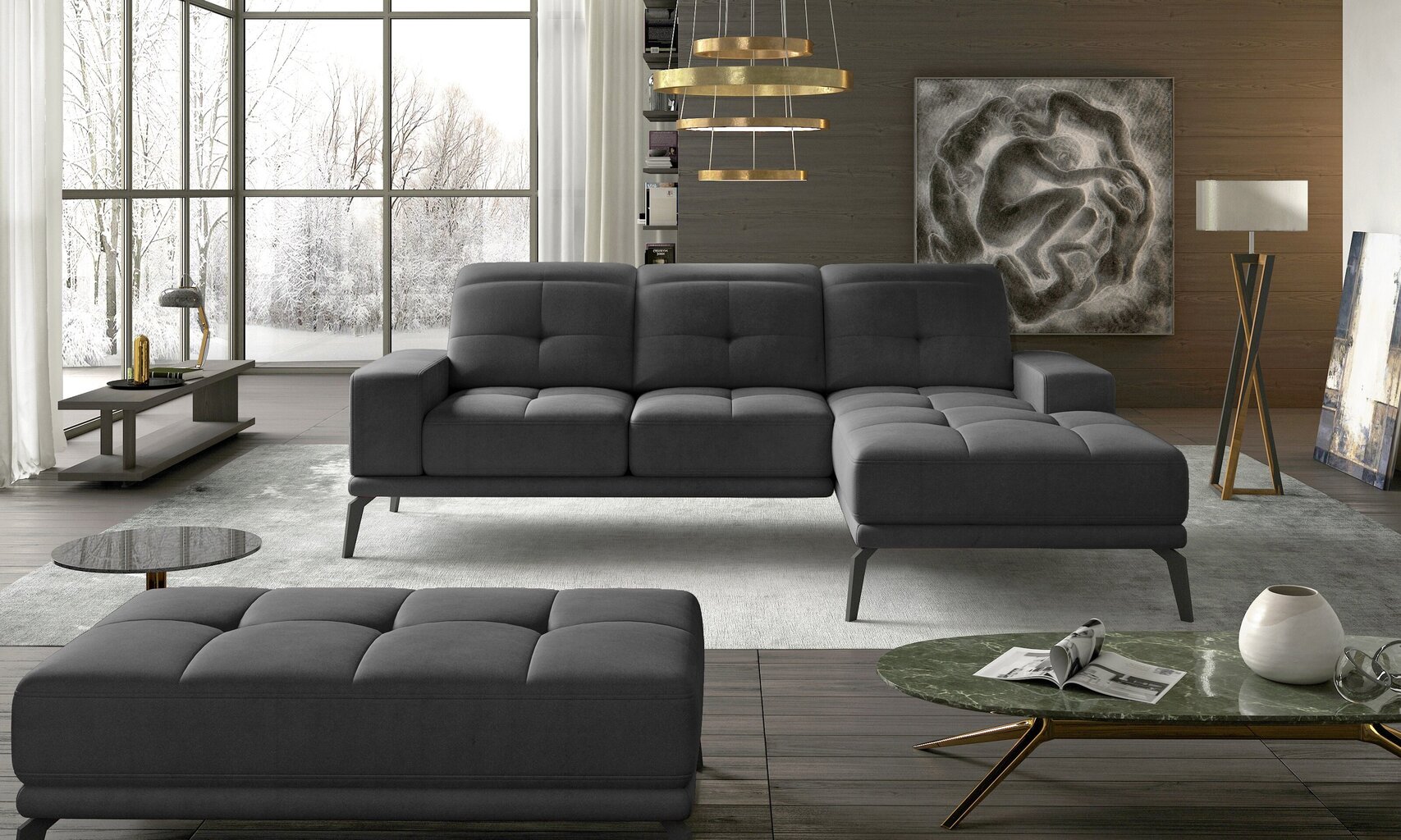 Labās puses stūra dīvāna un pufa komplekts Eltap Torrense, tumši pelēks цена и информация | Stūra dīvāni | 220.lv