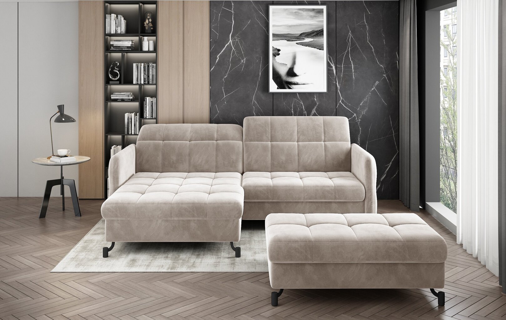 Labās puses stūra dīvāna un pufa komplekts Eltap Lorelle, smilškrāsas matēts цена и информация | Stūra dīvāni | 220.lv