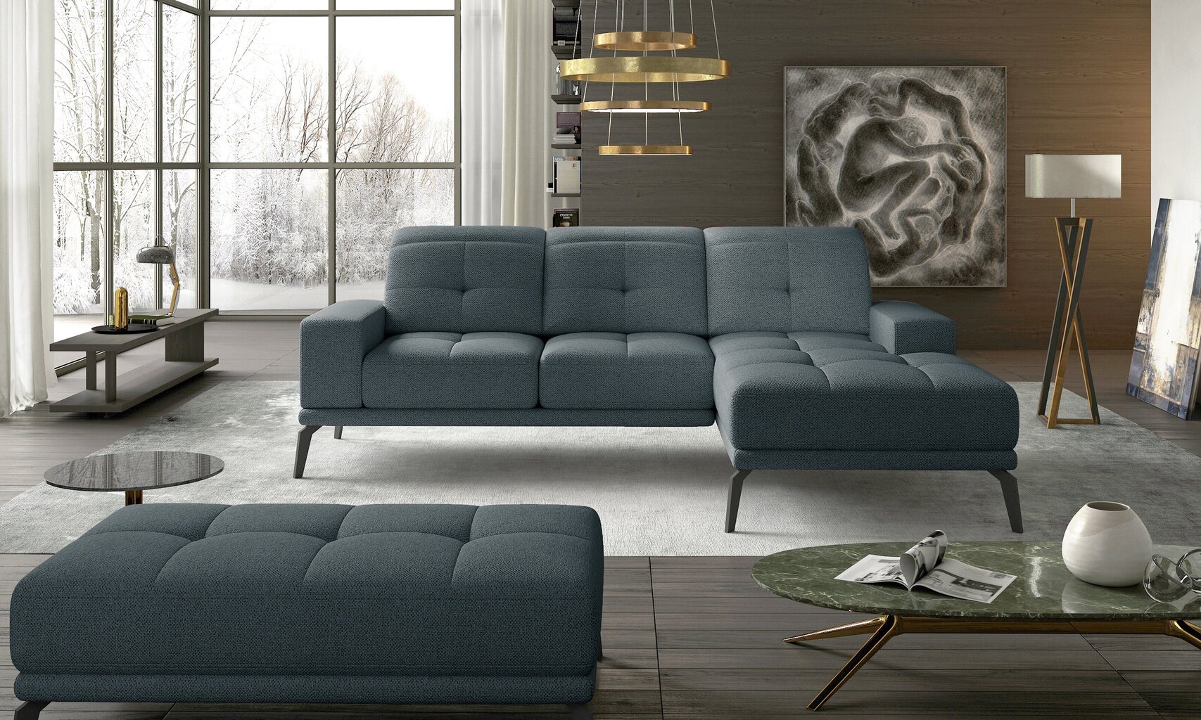 Labās puses stūra dīvāna un pufa komplekts Eltap Torrense, gaiši zils cena un informācija | Stūra dīvāni | 220.lv