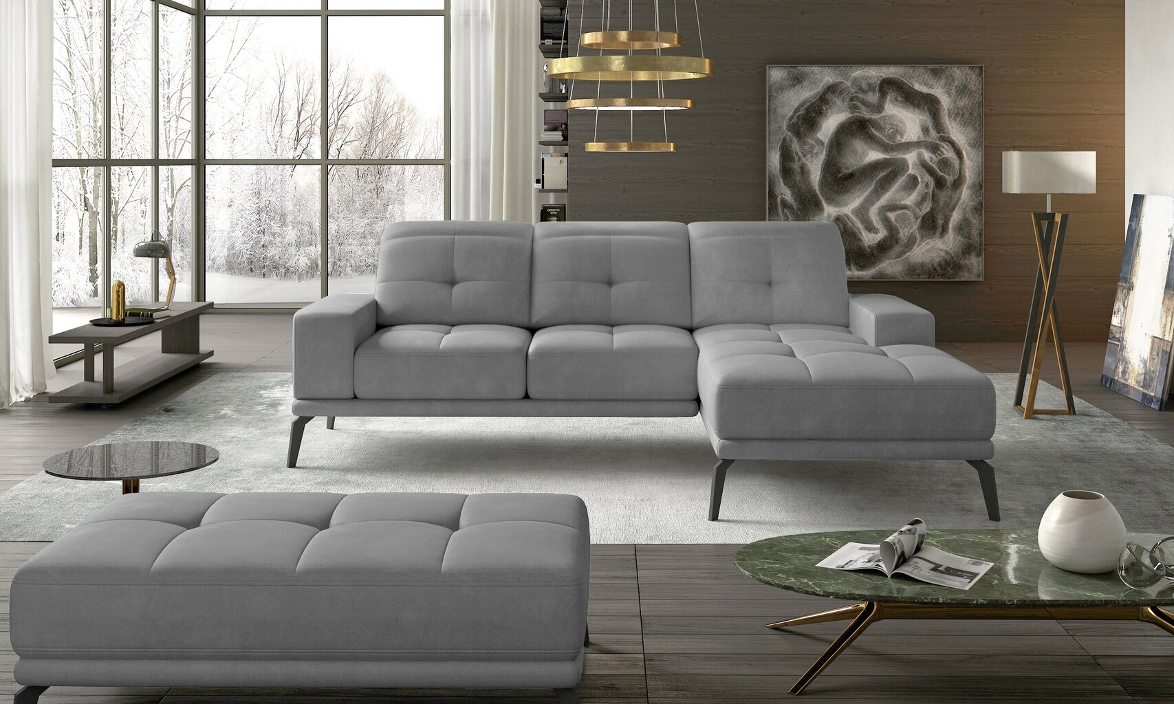 Labās puses stūra dīvāna un pufa komplekts Eltap Torrense, gaiši pelēks cena un informācija | Stūra dīvāni | 220.lv