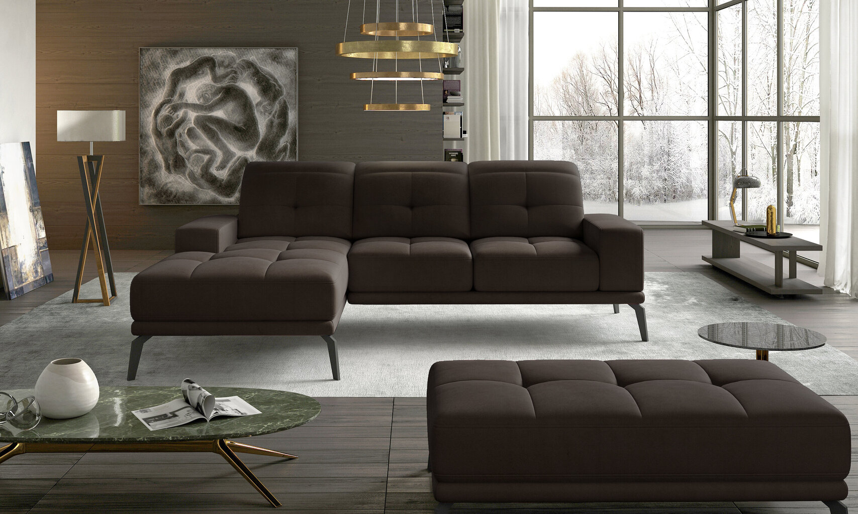 Kreisās puses stūra dīvāna un pufa komplekts Eltap Torrense, tumši brūns цена и информация | Stūra dīvāni | 220.lv
