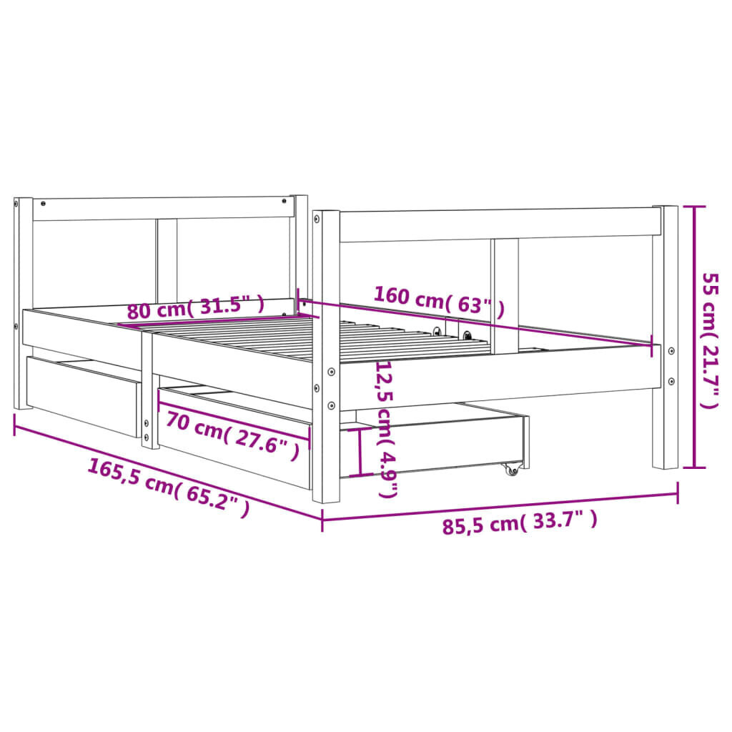 Bērnu gultas rāmis ar atvilktnēm, 80x160 cm, priedes masīvkoks cena un informācija | Bērnu gultas | 220.lv