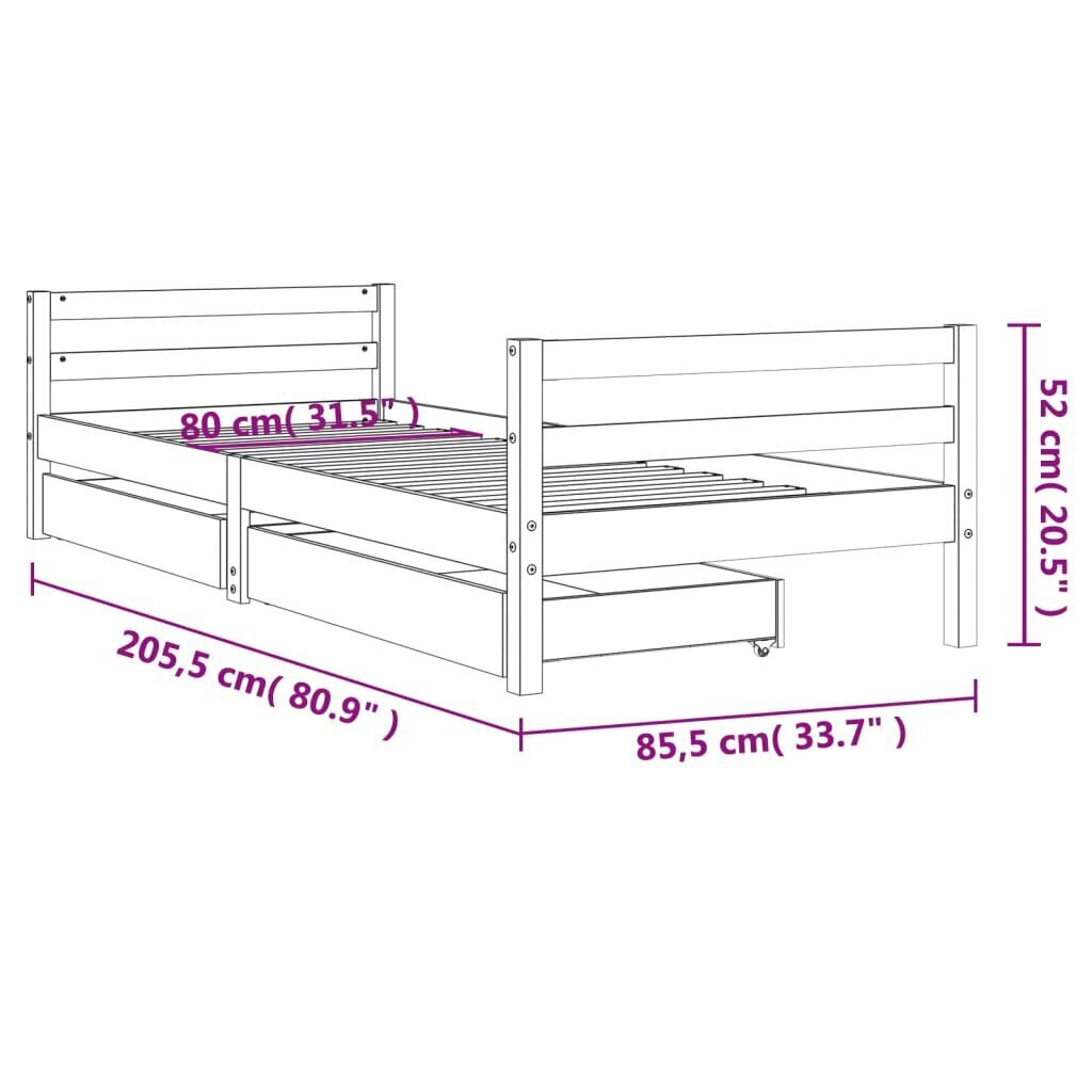 Bērnu gultas rāmis ar atvilktnēm, 80x200 cm, priedes masīvkoks cena un informācija | Bērnu gultas | 220.lv