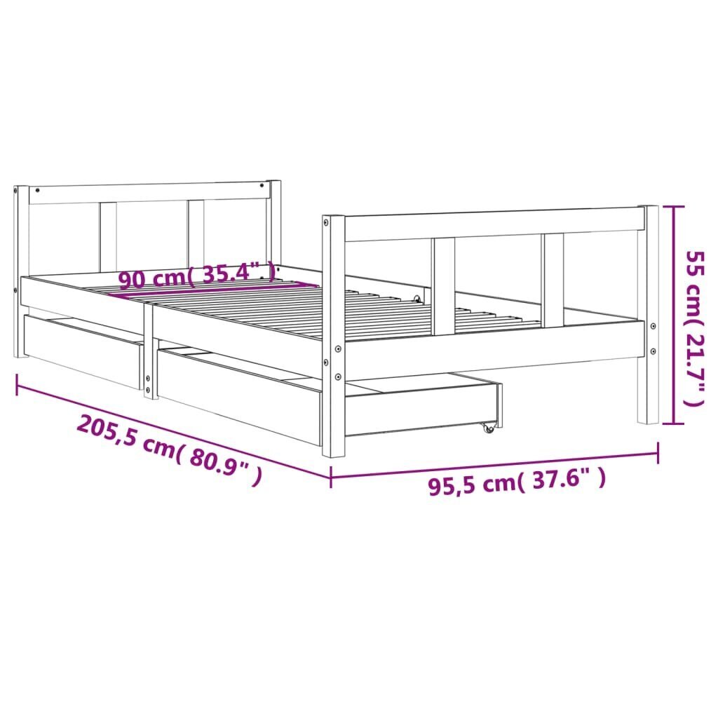 Bērnu gultas rāmis ar atvilktnēm, 90x200 cm, priedes masīvkoks cena un informācija | Bērnu gultas | 220.lv