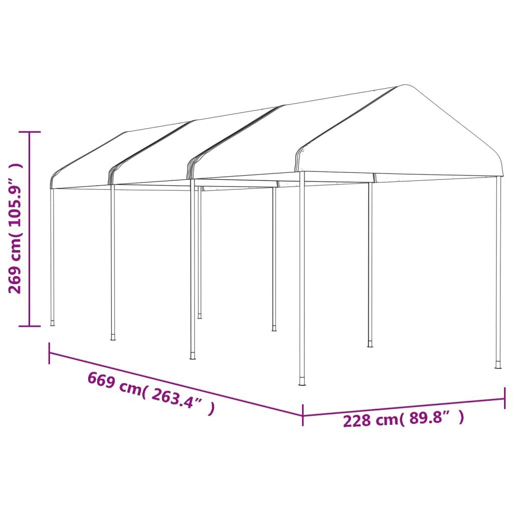 Nojume ar jumtu, balta, 6,69x2,28x2,69 m, polietilēns cena un informācija | Dārza nojumes un lapenes | 220.lv