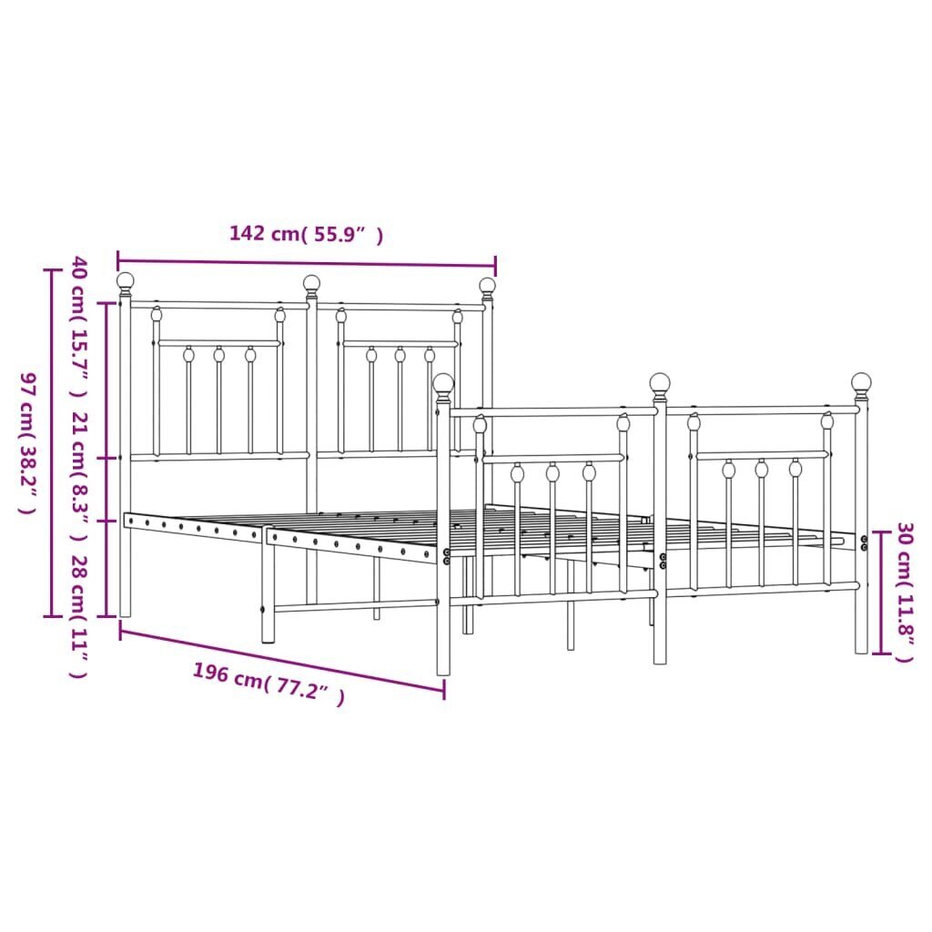 Gultas rāmis ar galvgali un kājgali, melns metāls, 135x190 cm cena un informācija | Gultas | 220.lv