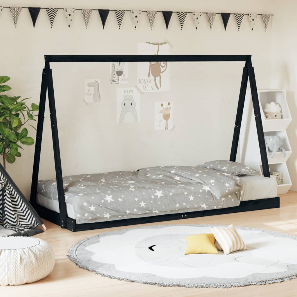Bērnu gultas rāmis, melns, 90x200 cm, priedes masīvkoks цена и информация | Bērnu gultas | 220.lv