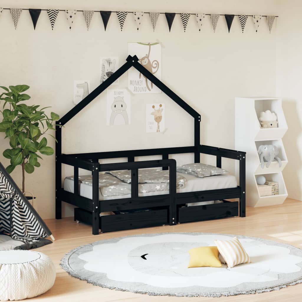 Bērnu gultas rāmis ar atvilktnēm, melns, priedes masīvkoks cena un informācija | Bērnu gultas | 220.lv