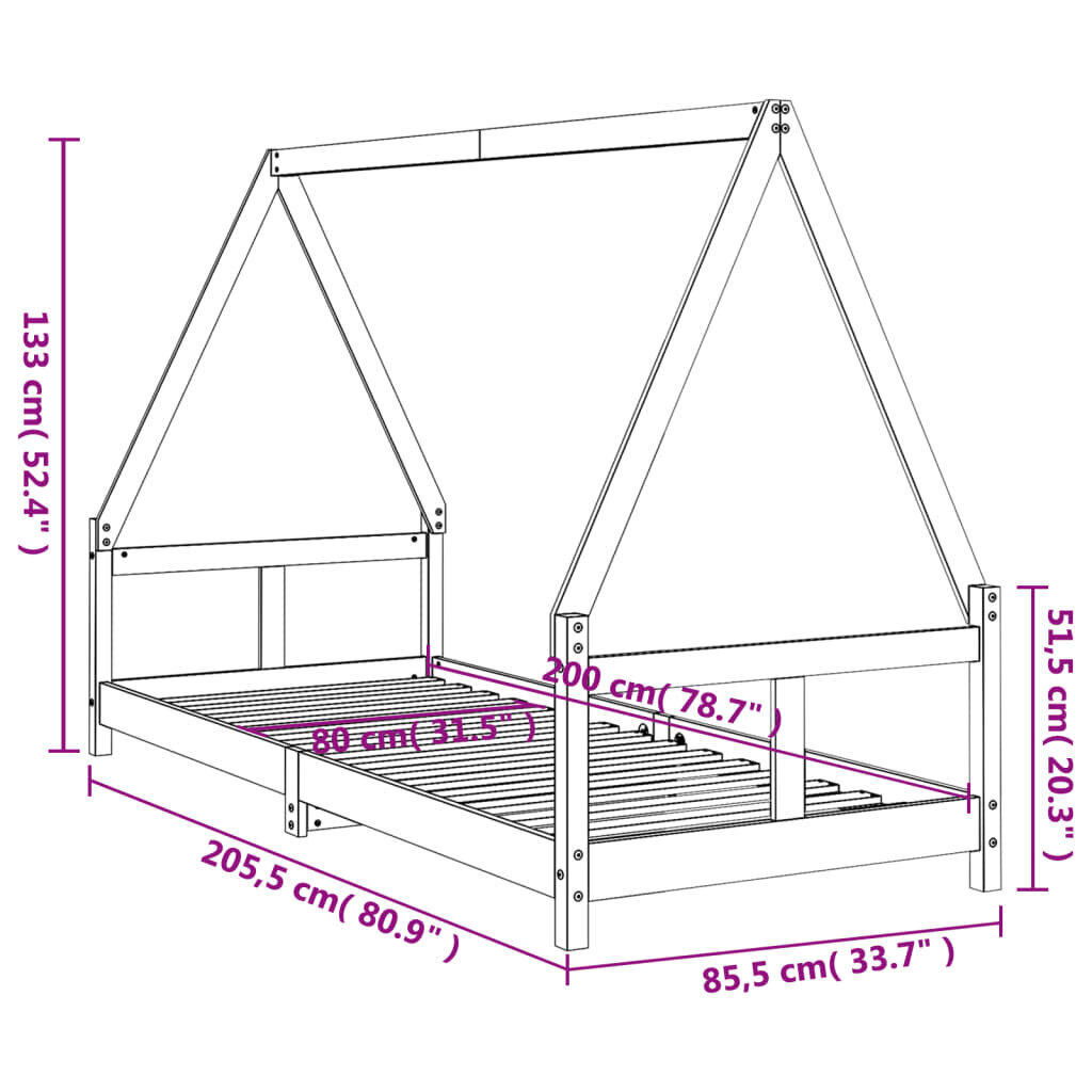 Bērnu gultas rāmis, 80x200 cm, priedes masīvkoks cena un informācija | Bērnu gultas | 220.lv