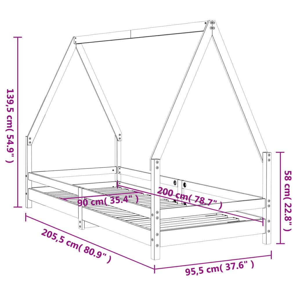 Bērnu gultas rāmis, 90x200 cm, priedes masīvkoks cena un informācija | Bērnu gultas | 220.lv