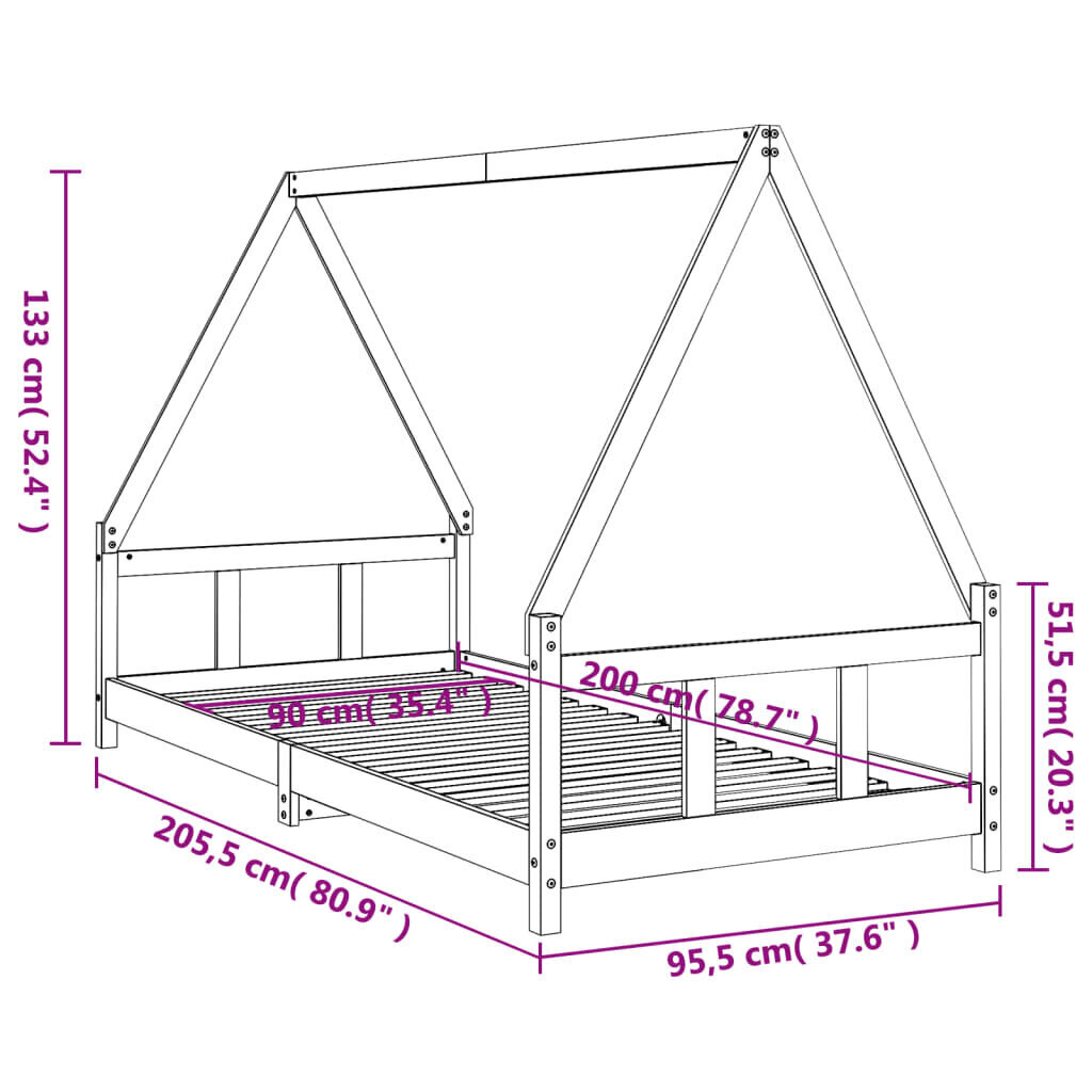 Bērnu gultas rāmis, 90x200 cm, priedes masīvkoks cena un informācija | Bērnu gultas | 220.lv